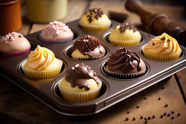 Filled cupcakes on baking tray for dessert