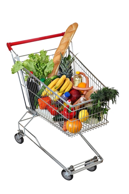 Photo filled foodstuffs shopping cart isolated on white.