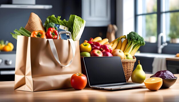 Filled package of goods with copy space Internet concept of grocery shopping and home delivery with