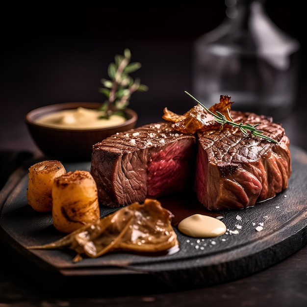 Photo filled steak on the dark background