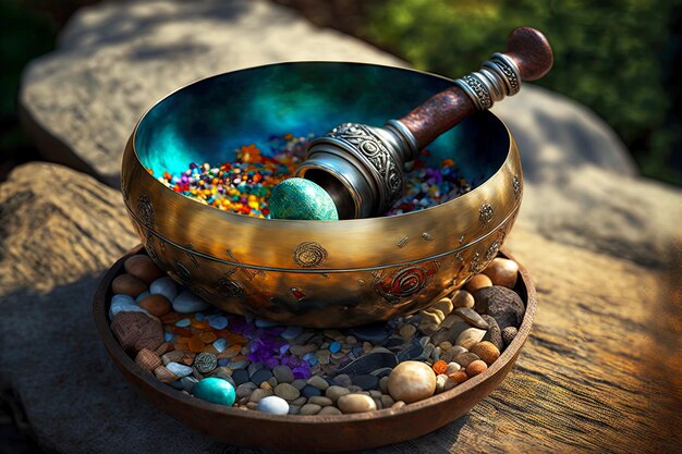 Filled with colorful petals and stones tibetan singing bowl