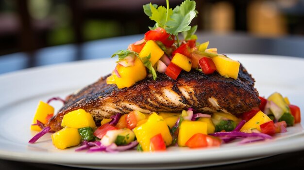 A fillet of blackened red snapper served on a bed of colorful vegetable medley