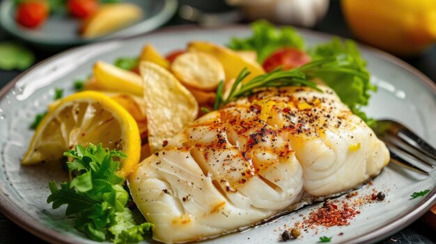 Fillet of fish and salad on a plate