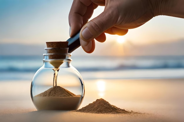 Foto riempire una bottiglia di sabbia