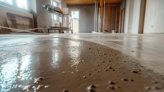 Filling the floor with concrete screed and leveling the floor Smooth floors made of a mixture of cement industrial concreting