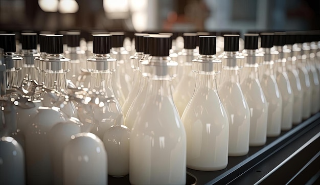 Photo a filling machine next to many bottles of liquid