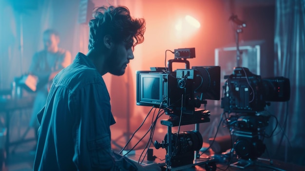 Photo film crew member operating camera during a nighttime urban outdoor shoot