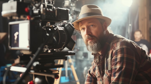 Film director on a bustling set capturing creative visions on camera