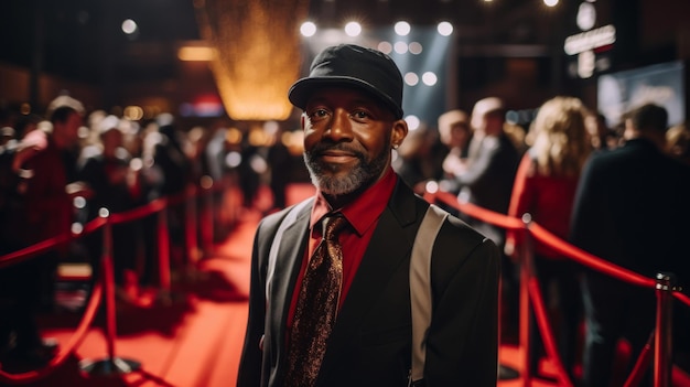 Film festival cinema usher on red carpet spotlights and velvet ropes glamorous side