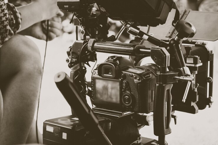 Photo film industry filming with professional camera background