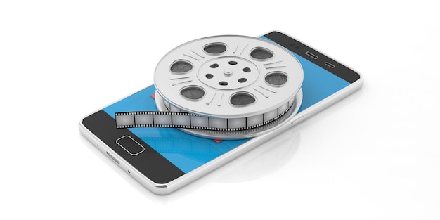 Photo film movie reel and a smartphone on a white background isolated 3d illustration