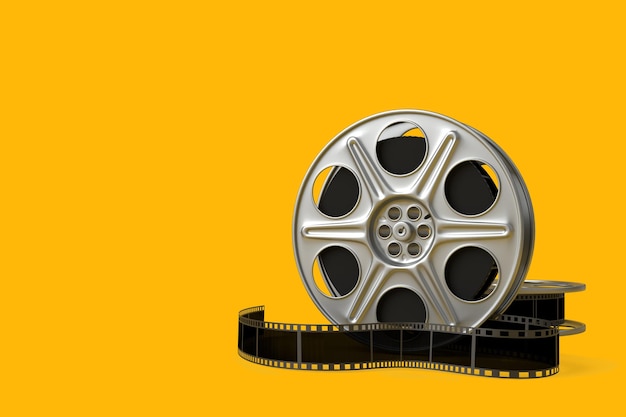 Film reel isolated on bright yellow background in pastel colors Minimalist creative concept 3D