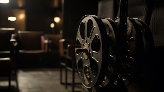 A film reel sits on a wall in a dark room.