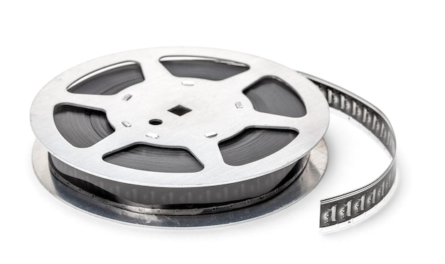 Film reel with filmstrip isolated on white background