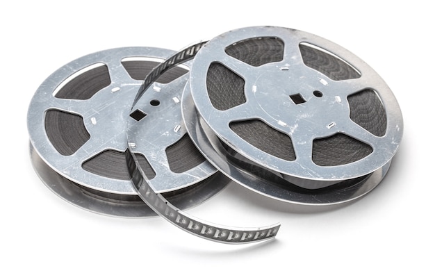 Film reel with filmstrip isolated on white background.