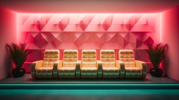 Filmbioscoopzaal interieur met gele rij stoelen roze muren Ai generatieve illustratie