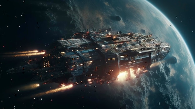 Filmisch Nog steeds intense ruimtestrijd tussen twee enorme slagschepen sterrenhemel nevels sterrenstelsels HDR futuristische ruimte slagschip torpedobootjagers die door een asteroïde veld reizen genereren ai