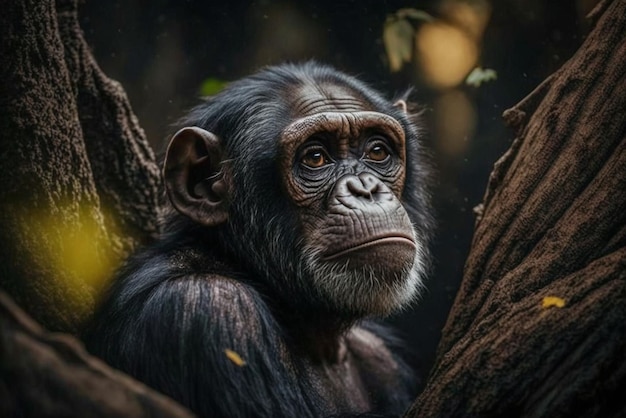 Filmisch portret van een intelligente chimpansee in het weelderige bos