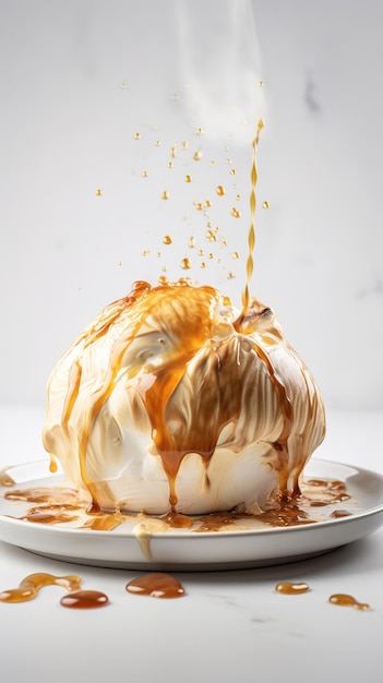 filmisch smelten van draderige karamel op vers dessert Generatieve AI