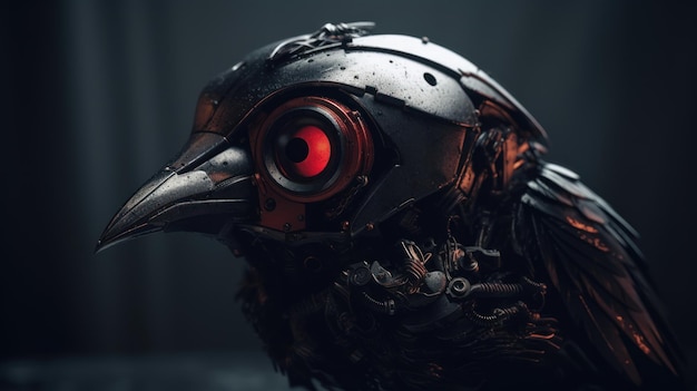 Filmische foto's van een surrealistische robotvogel met rode ogen