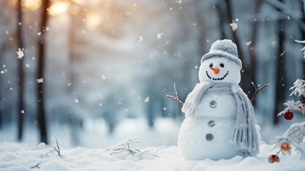 Filmische fotografie van een schattige sneeuwpop in een prachtig winterlandschap, gegenereerd door AI