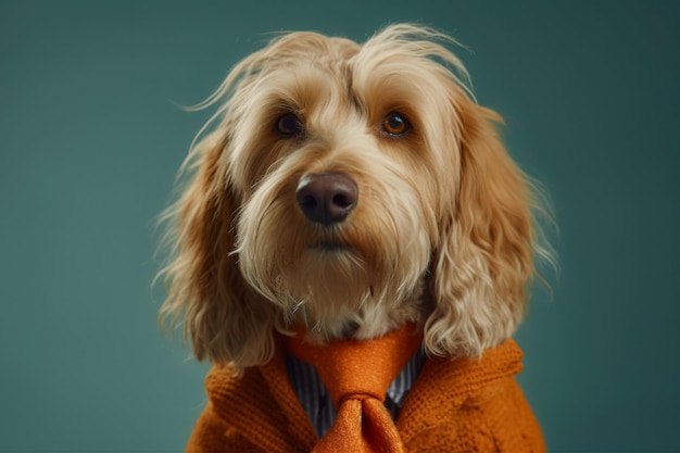 Filmische hond in pak schattig dierlijk karakter in atmosferisch illustratieontwerp