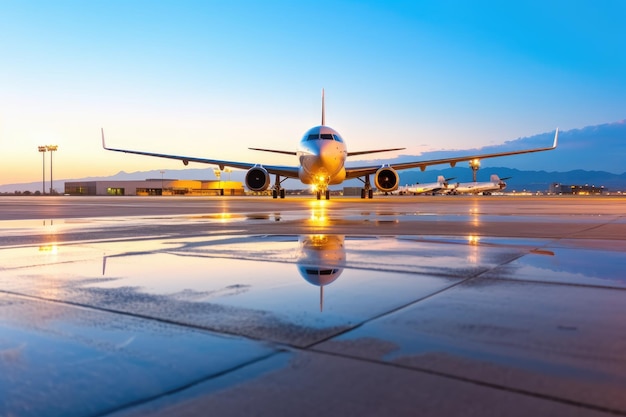 filmische opname van de luchthaven Abron met een vliegtuig op de landingsbaan