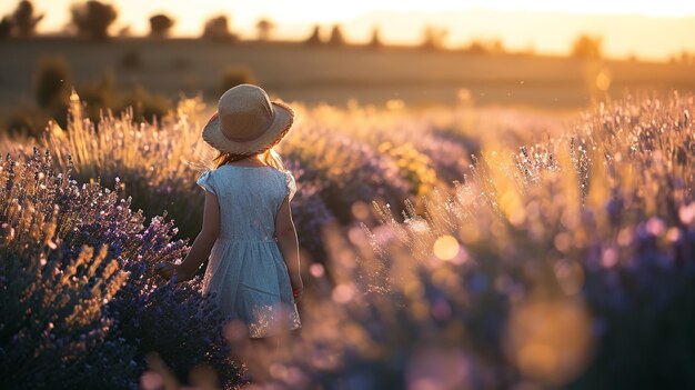 Filmische opname van een kind in het lavendelveld, achteraanzicht Generatieve AI