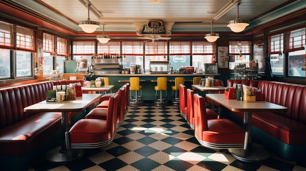 Filmische opname van het vintage interieur van een diner