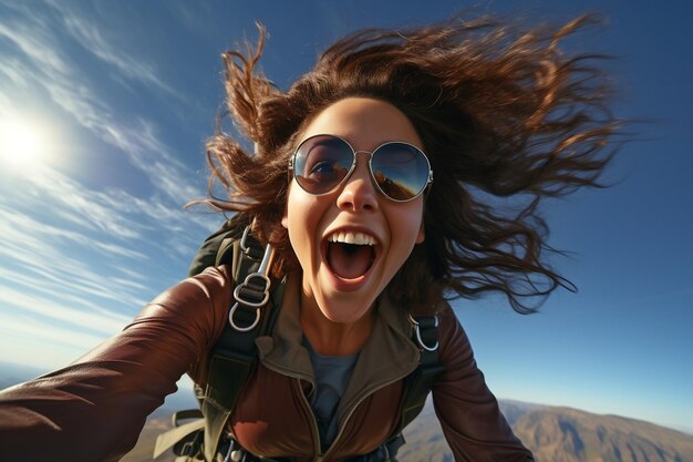 Filmische skydiving-scène met hipster girl Ai