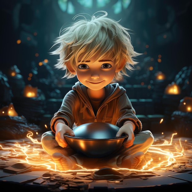 Filmische spotlight blondharige cartoon jongen groeven op handpan met magische verlichting