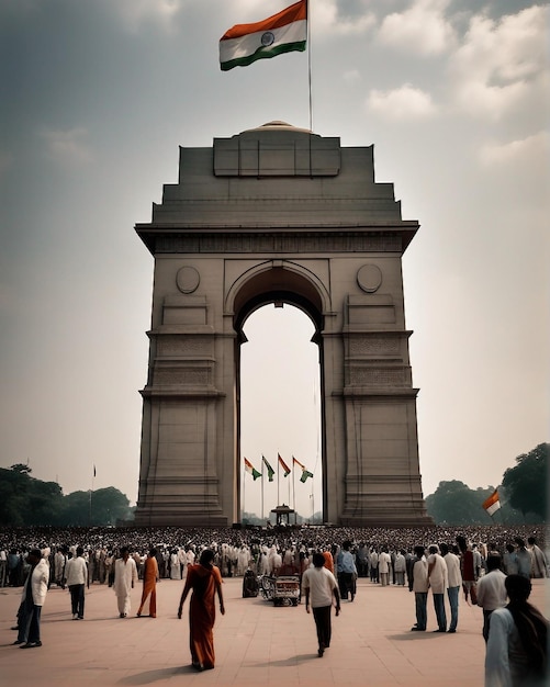 Filmische weergave van India Gate met mensen voor het vieren van de 76e onafhankelijkheidsdag