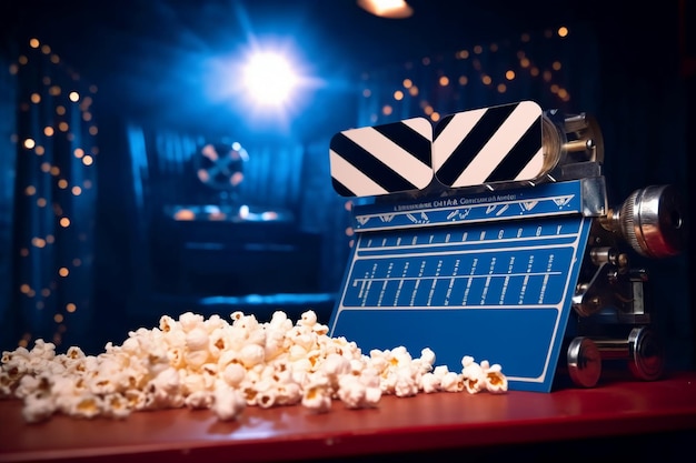 Filmklapper omringd door popcorn blauw scherm wazig op de achtergrond AI generatief