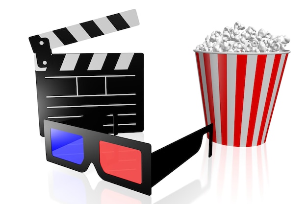Filmklapper popcorn en bioscoopbril bioscoop concept 3D illustratie