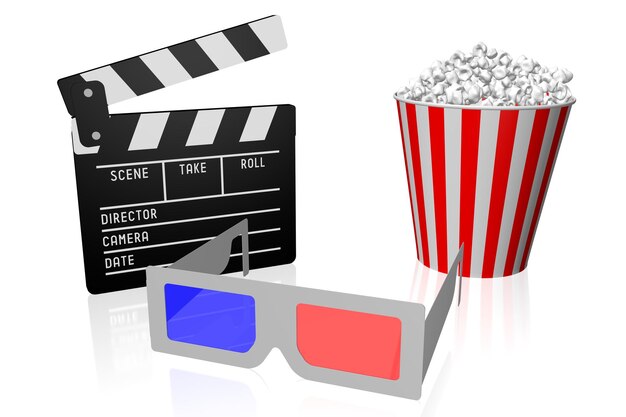 Filmklapper popcorn en bioscoopglazen 3D illustratie
