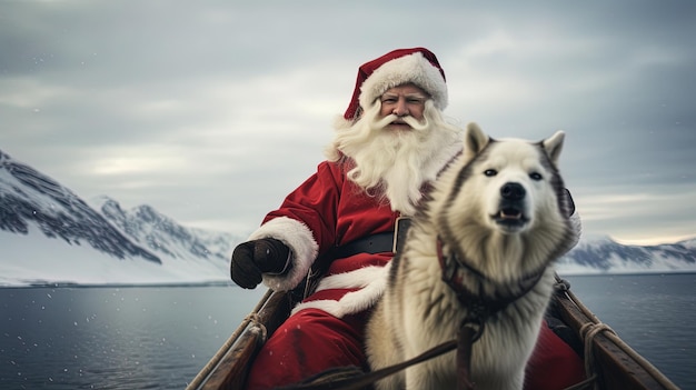 filmpersonage op een boot met een hond op de achtergrond.
