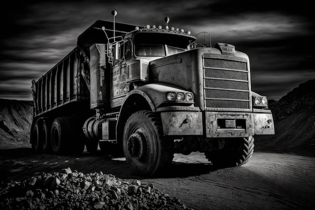 Filtered photograph of a dump truck in a coal mine in black and white