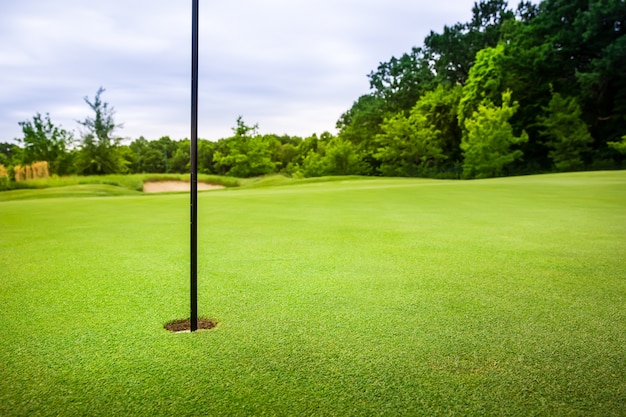 Final hole with flag on golf course with grass