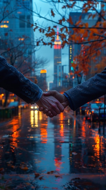 Photo finalizing a business deal with a firm handshake downtown