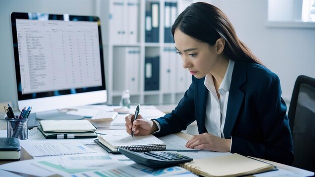 Finance and accounting concept business woman working on desk using calculator