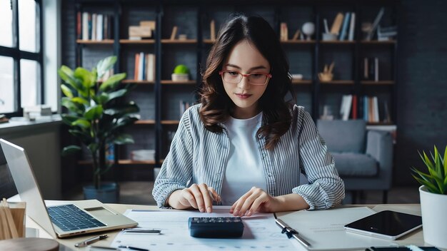 Finance and accounting concept business woman working on desk using calculator