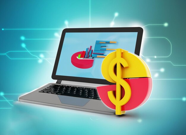 Концептуальный ноутбук финансового анализа с диаграммой монет и банкнот на розовом фоне Управление финансами Статистика для организации или инвестиций 3D рендеринг иллюстрации