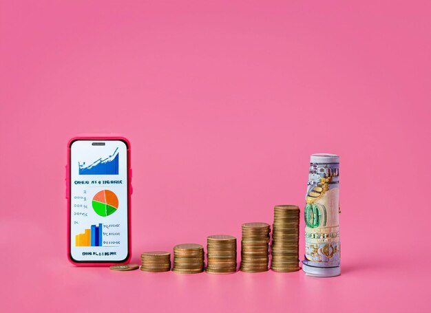 Finance analysis concept phone with diagram coins and banknote on pink background finance management