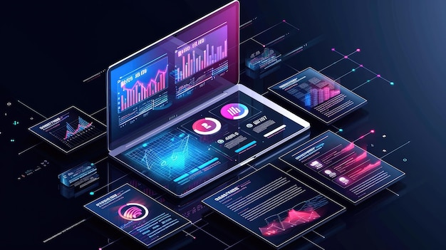 Photo finance analytic dashboard management on 3d laptop