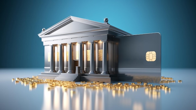 Фото Финансовое приложение или рекламная концепция 3d-стиль кредитной карты с зданием банка