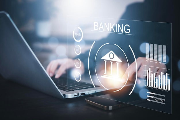 金融と銀行 オンライン バンキングと支払いを行うデジタル ビジネスマン 金融と銀行のネットワーク AI 顧客ネットワーキング接続 デジタル マーケティング サイバー セキュリティ ビジネス テクノロジー