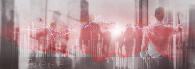 Photo finance banking and investment concept double exporsure stacked of coins and city with graph