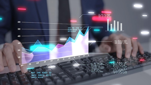 금융 비즈니스 투자 전략 경쟁 GDP 투자 보안 데이터 분석 인공 지능 기술 미래 그래프 차트 증권 거래소 데이터 금융 기호 화면