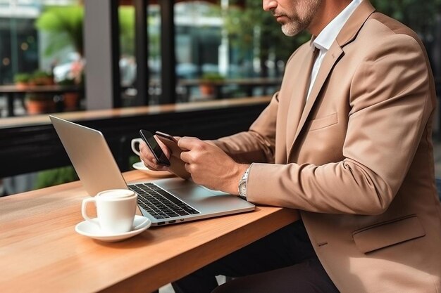 finance and businessman with a laptop for networking connection and branding of company with mockup