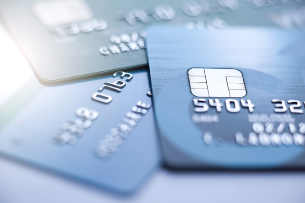 Photo finance concept, selective focus microchip on credit card or debit card.